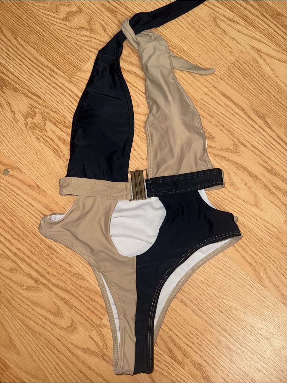 Colorblock One-Piece Swimsuit in Black & Beige